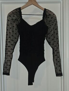 NWT - Sheer Polka Dot Black Bodysuit Top